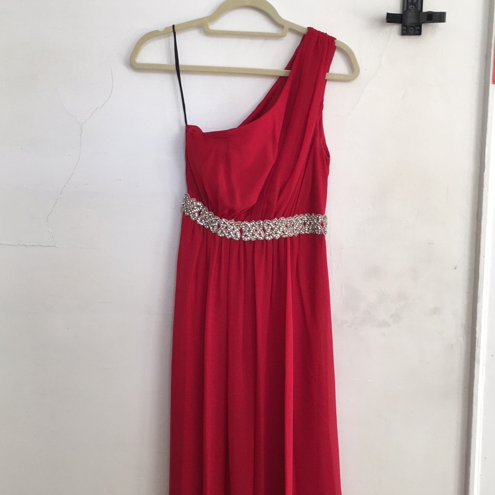 Red formal dress one shoulder with bedazzled belt